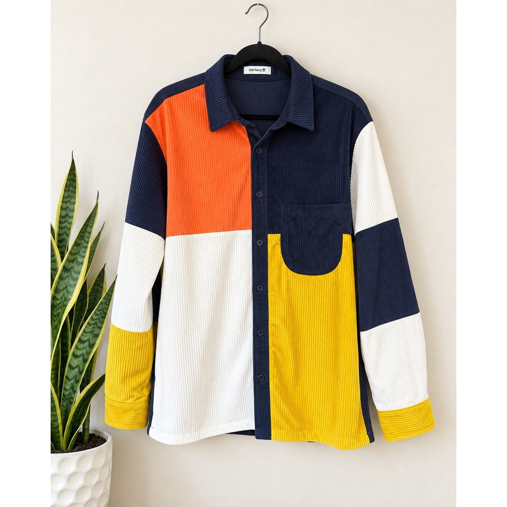 ChArmkpR Patchwork Corduroy Shirt L Colorblock Streetwear Overshirt Y2K Bold